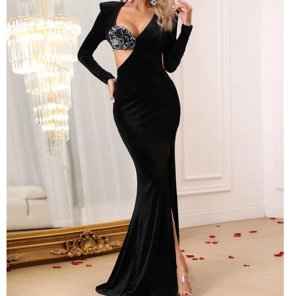 Black elegant Womens Contrast Sequins Asymmetrical Neck Split Thigh Velvet Dress - Picture 3 of 9